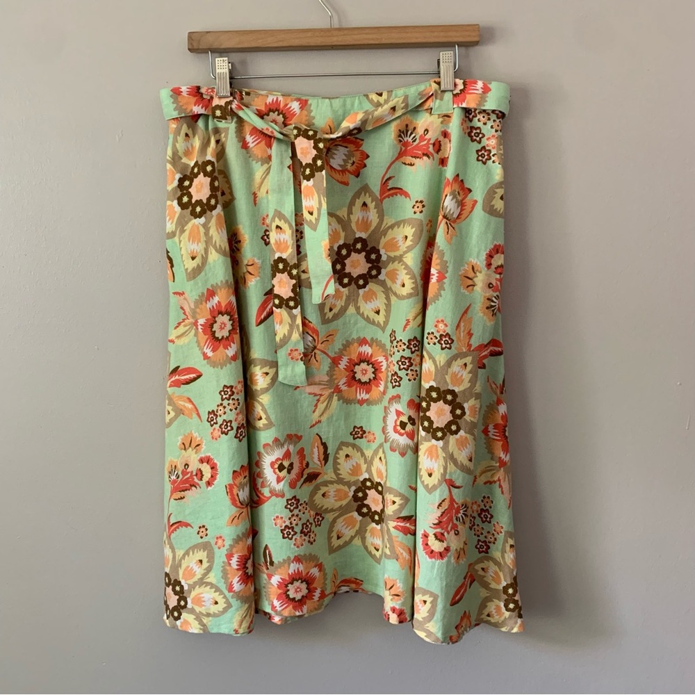 J. Jill A-line Fit Flare Linen Green Floral Skirt Cottage BOHO Size Large